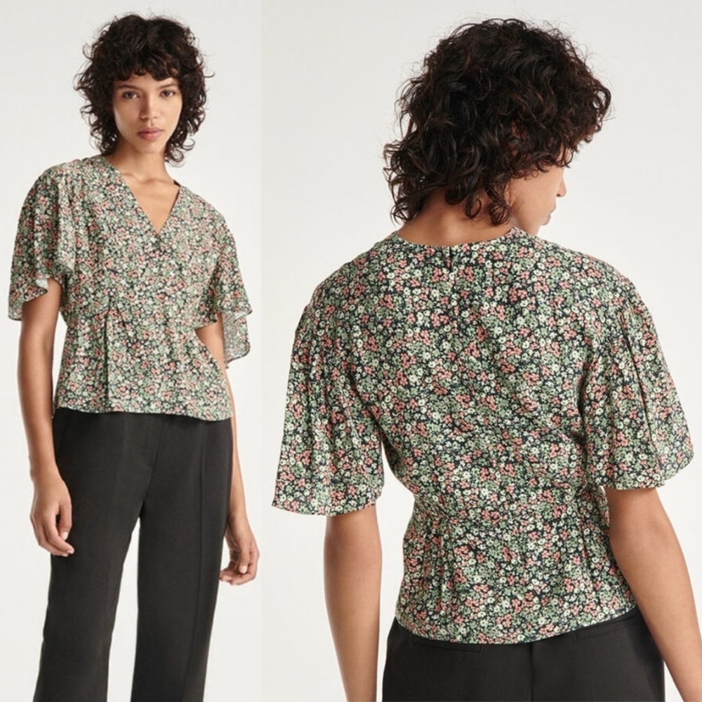 THE KOOPLES floral fitted woven v-neck top